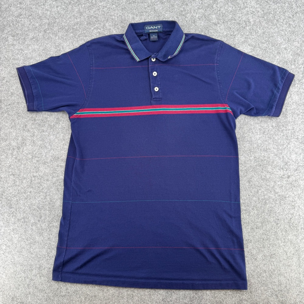 Gant Rugger Polo Shirt Mens M Rugger Navy Blue Striped Made in USA EUC